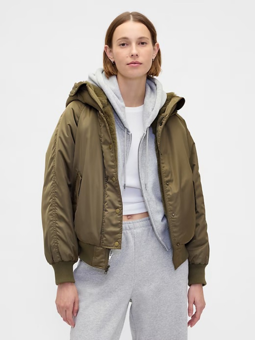 GAP Faux Fur Lined Olive Bomber Jacket with Hood - Women's